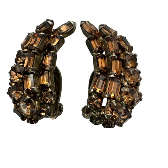 Vintage Earrings Signed "SHERMAN" Crescent Shape Round Baguette Crystals - Picture 1 of 10